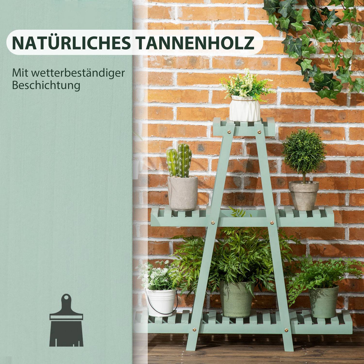 Plant Shelf With 3 Steps Flower Shelf For 6 Flower Pots, Plant Stairs For Garden, Wood, Light Green, 76X26X76Cm