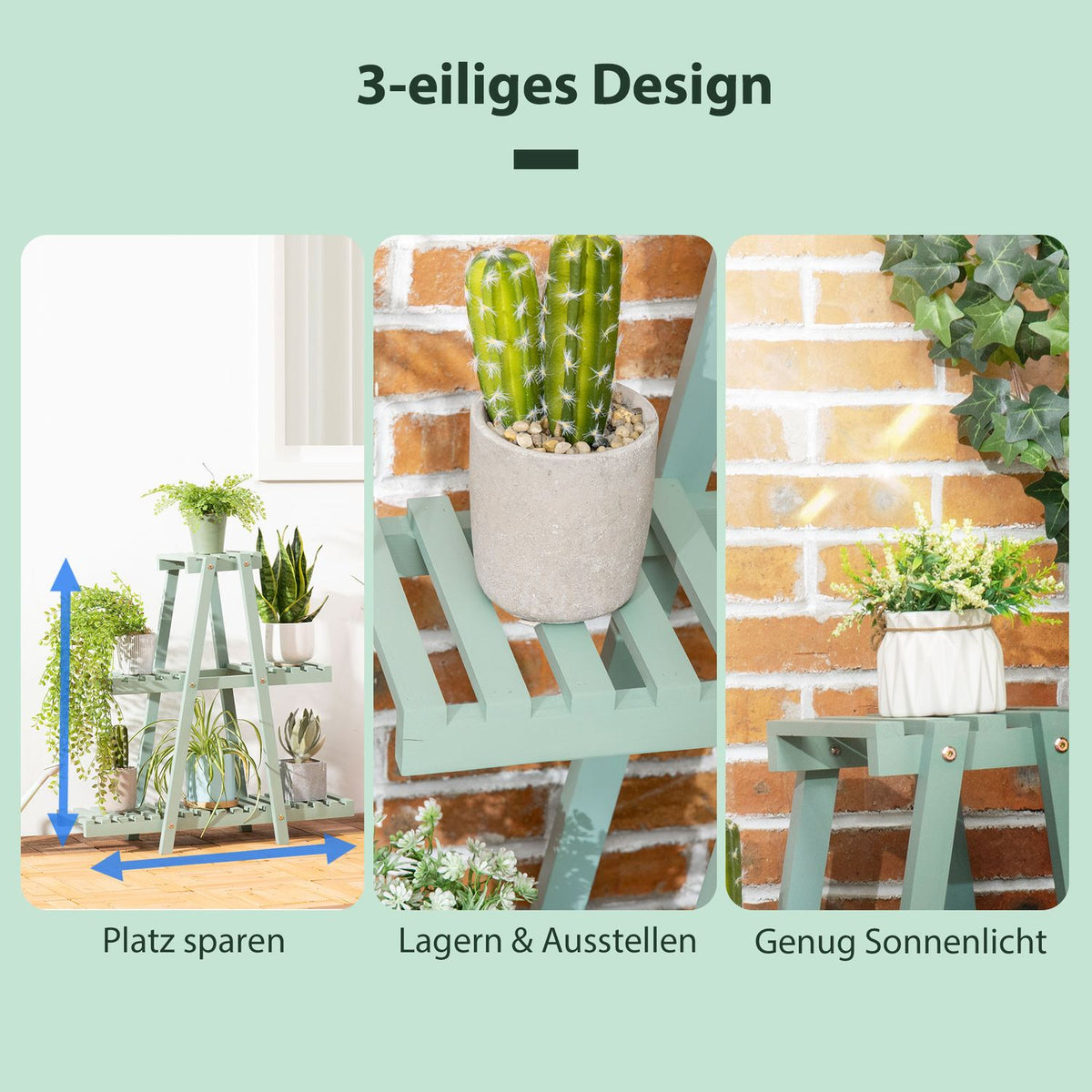 Plant Shelf With 3 Steps Flower Shelf For 6 Flower Pots, Plant Stairs For Garden, Wood, Light Green, 76X26X76Cm