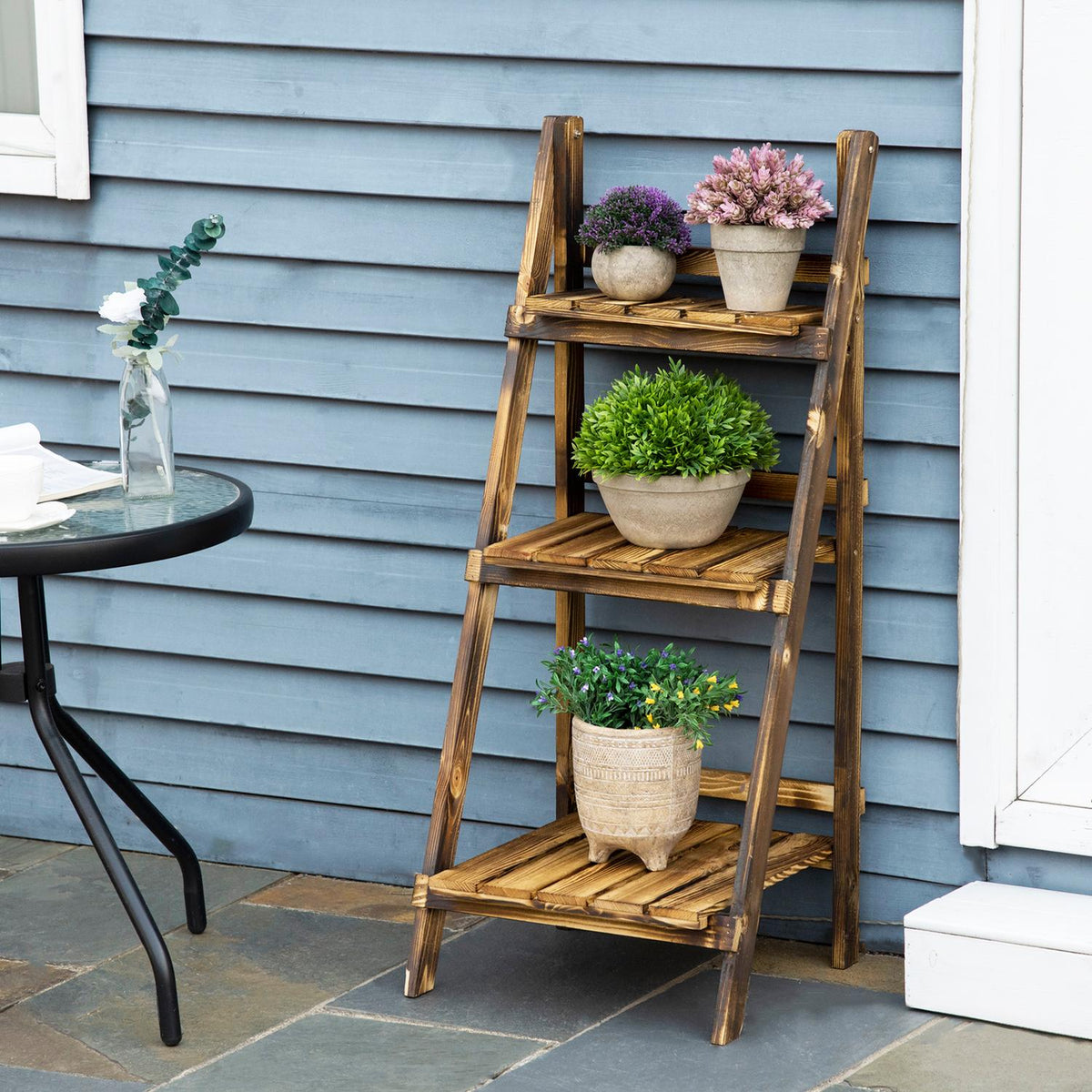 Plant Stairs Flower Bench Flower Stairs Flower Shelf Plant Shelf Flower Stand 3 Steps Fir Wood Dark Brown 40 X 37 X 93 Cm