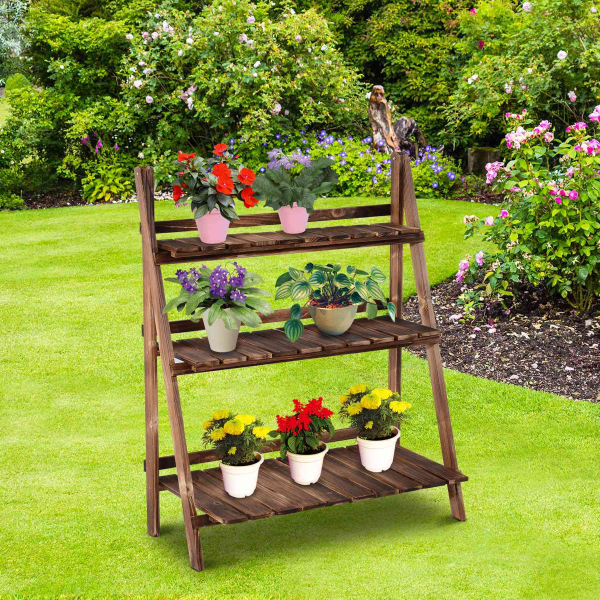 Plant Stairs Flower Bench Flower Stairs Flower Shelf Plant Shelf Flower Stand 3 Steps Fir Wood Dark Brown 80 X 37 X 93 Cm