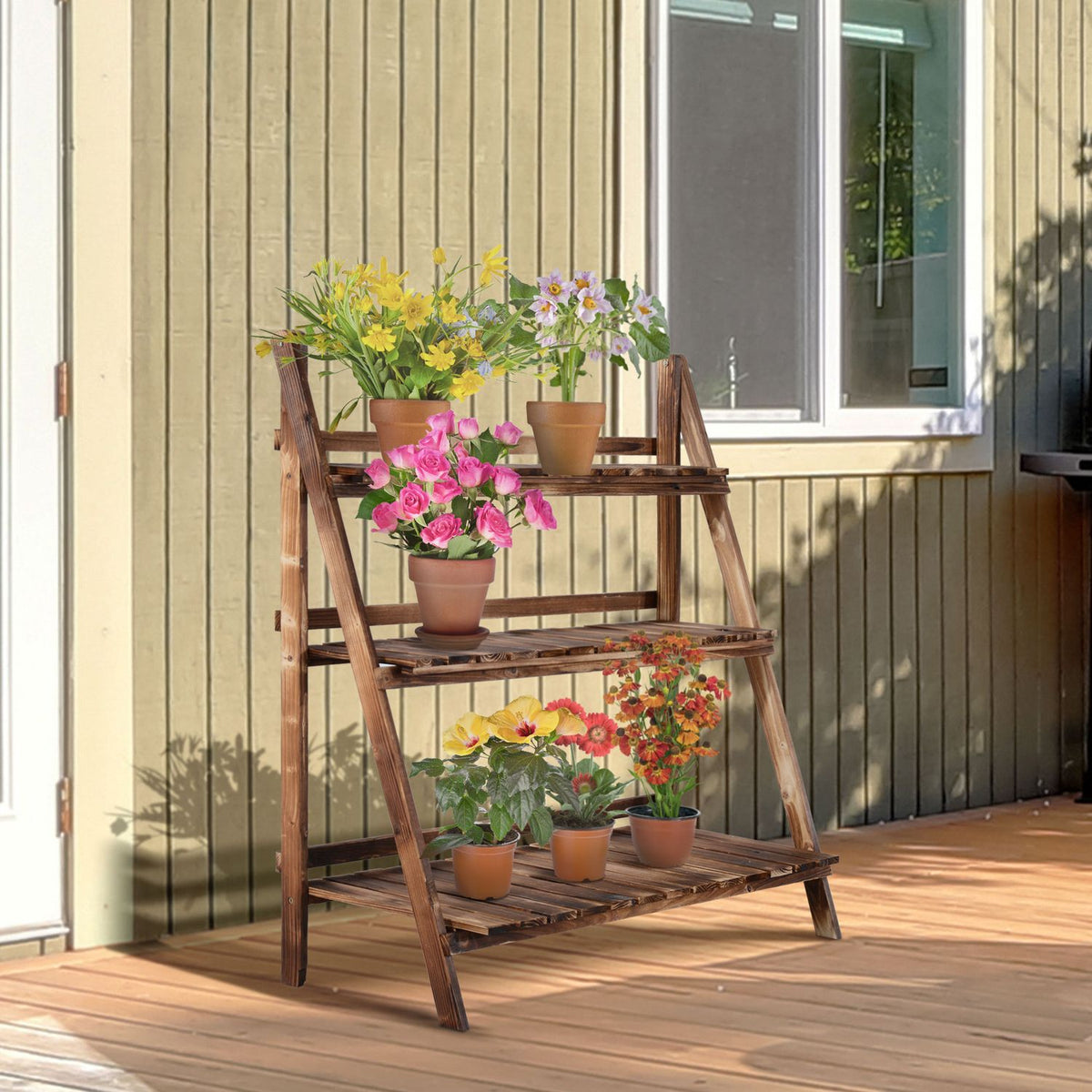 Plant Stairs Flower Bench Made Of Fir Wood, 3 Steps, Dark Brown, 100X37X93Cm, For Garden & Balcony