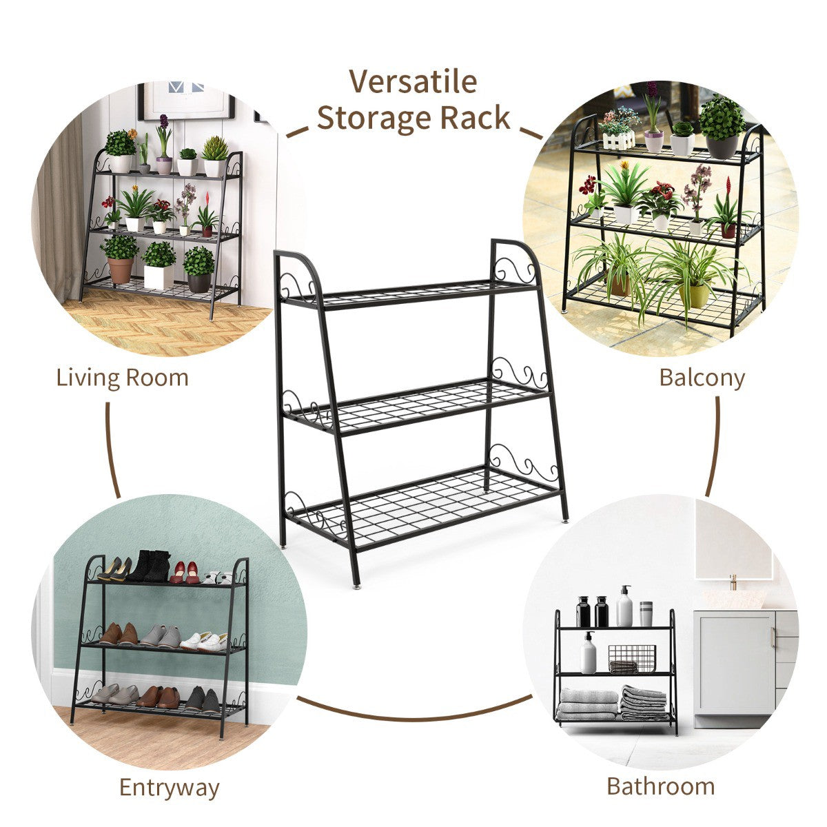 Plant Stand, 3-Tier Metal, Adjustable Feet, Indoor Outdoor