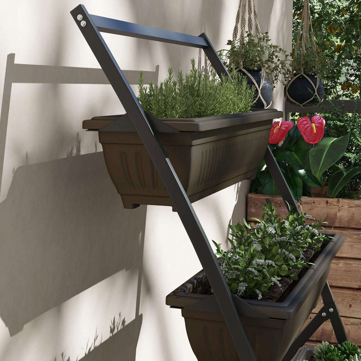Plant Stand, Flower Stand With 4 Tiers, Plant Shelf With Holes, Plant Stairs Flower Shelf For Garden, Steel, Brown, 76 X 79 X 162Cm