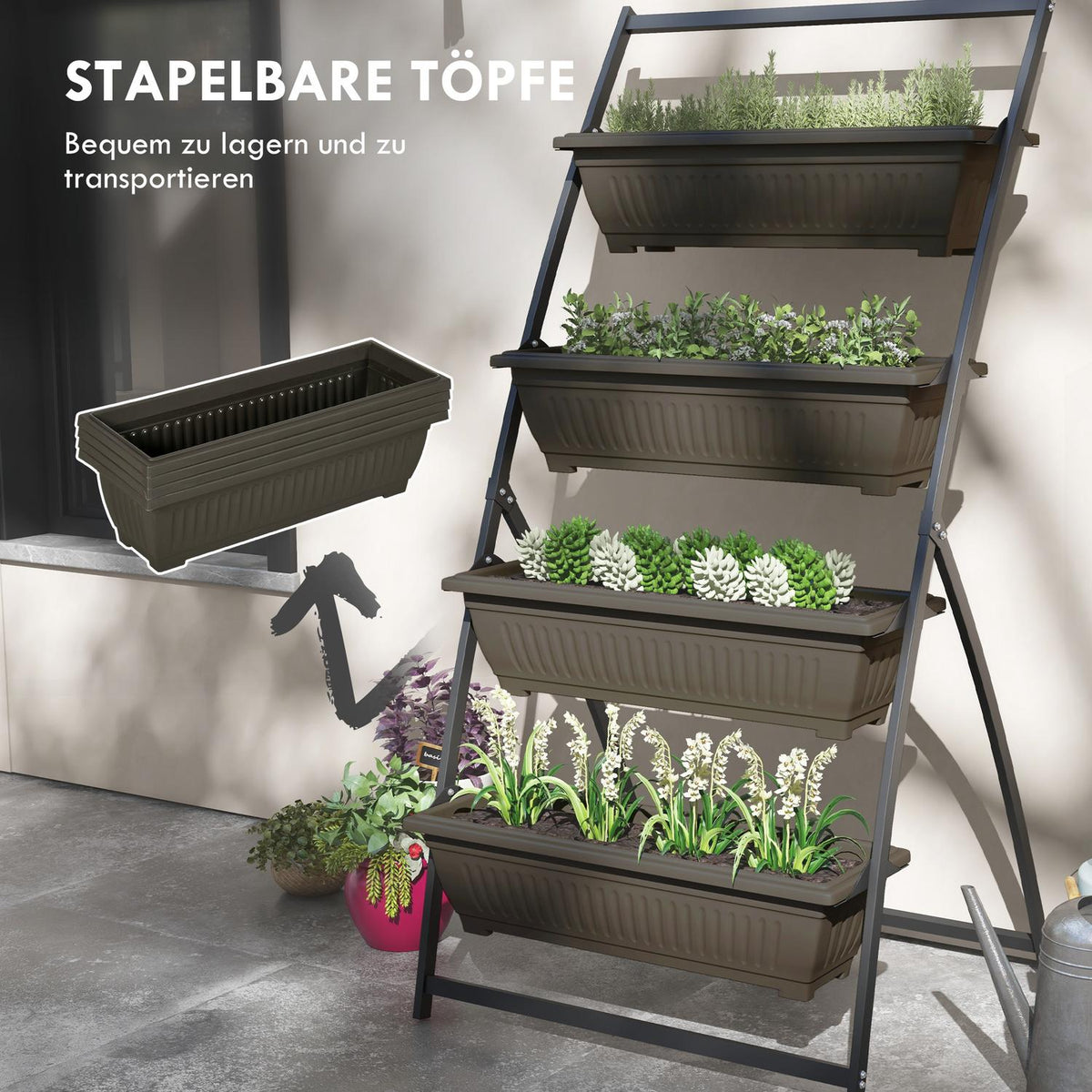 Plant Stand, Flower Stand With 4 Tiers, Plant Shelf With Holes, Plant Stairs Flower Shelf For Garden, Steel, Brown, 76 X 79 X 162Cm