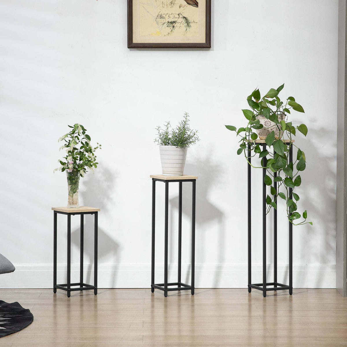 Plant Stand Set 3-Piece Flower Stool & Flower Pot Holder Made Of Steel, Black + Natural