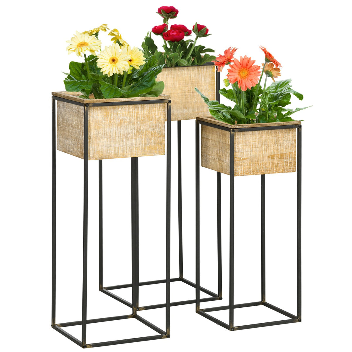 Plant Stand Set Of 3 Square Plant Stools For Decorative Flowers, Flower Boxes With Metal Legs, Fir Wood, Natural