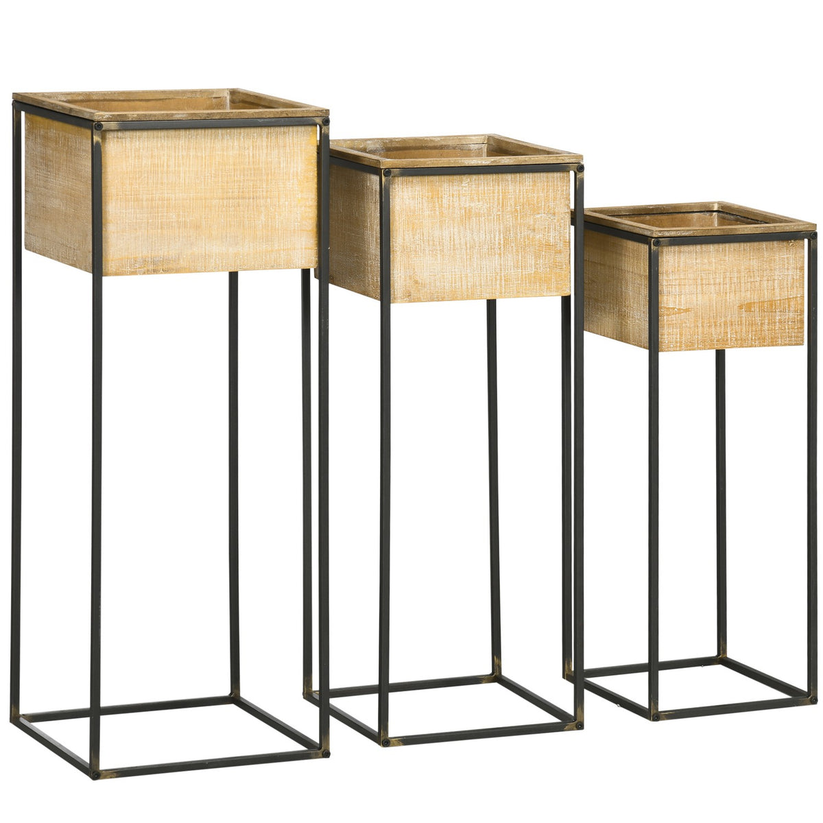 Plant Stand Set Of 3 Square Plant Stools For Decorative Flowers, Flower Boxes With Metal Legs, Fir Wood, Natural