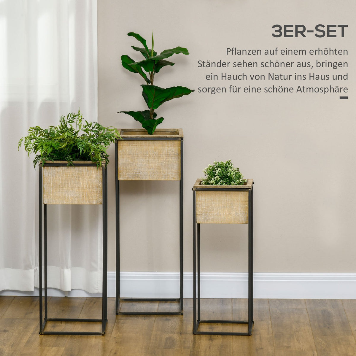 Plant Stand Set Of 3 Square Plant Stools For Decorative Flowers, Flower Boxes With Metal Legs, Fir Wood, Natural