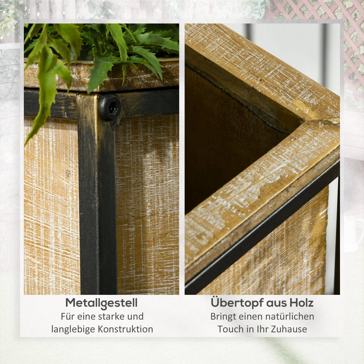 Plant Stand Set Of 3 Square Plant Stools For Decorative Flowers, Flower Boxes With Metal Legs, Fir Wood, Natural