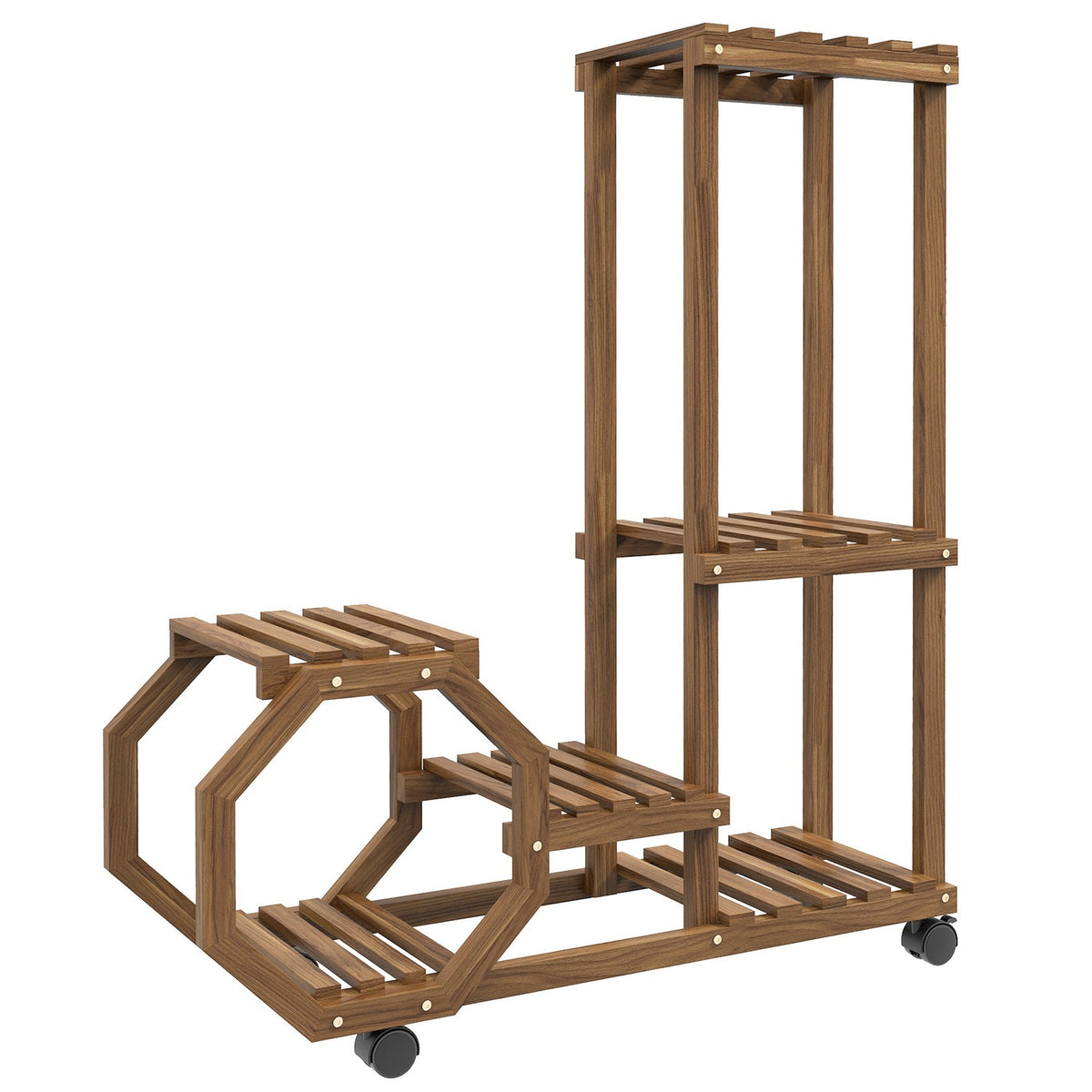 Plant Stand Wooden Flower Shelf With Wheels, 5 Levels, For Garden & Balcony, Charred
