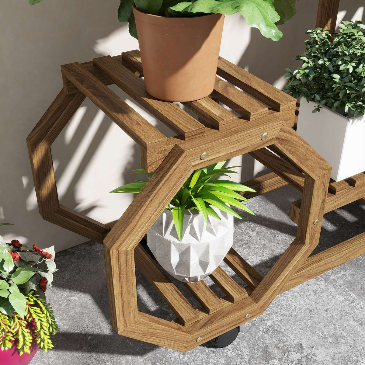 Plant Stand Wooden Flower Shelf With Wheels, 5 Levels, For Garden & Balcony, Charred