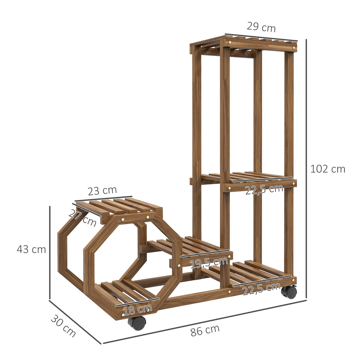 Plant Stand Wooden Flower Shelf With Wheels, 5 Levels, For Garden & Balcony, Charred
