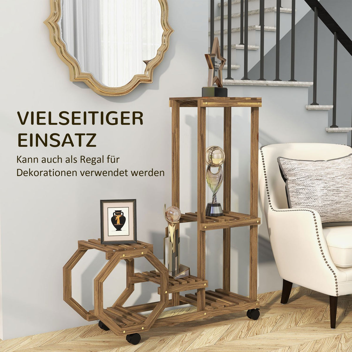 Plant Stand Wooden Flower Shelf With Wheels, 5 Levels, For Garden & Balcony, Charred