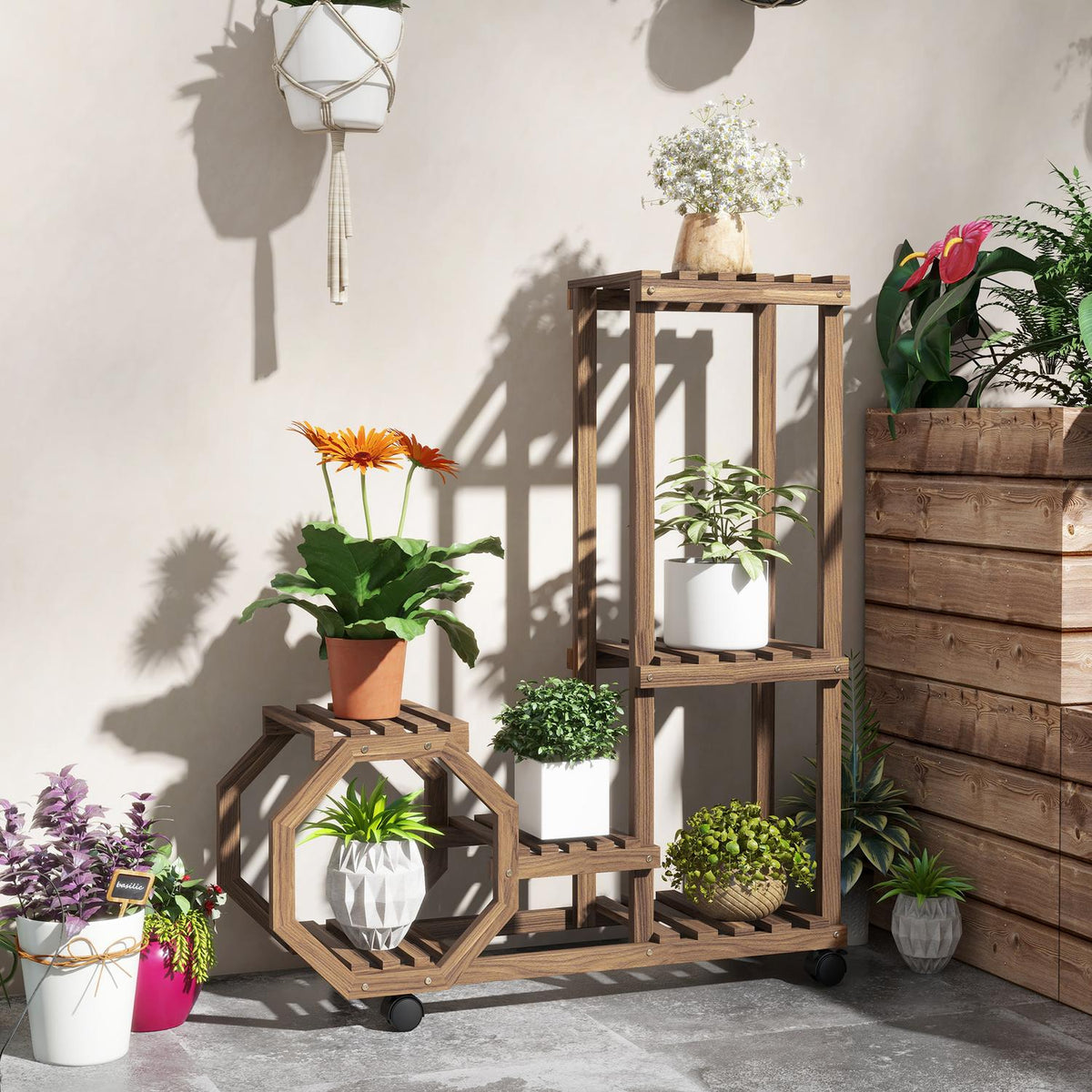 Plant Stand Wooden Flower Shelf With Wheels, 5 Levels, For Garden & Balcony, Charred