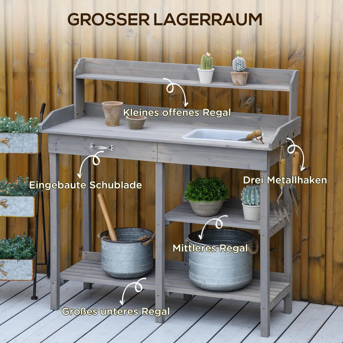 Plant Table Garden Table Flower Table With Tub Garden Fir Wood Gray 117 X 45 X 121 Cm