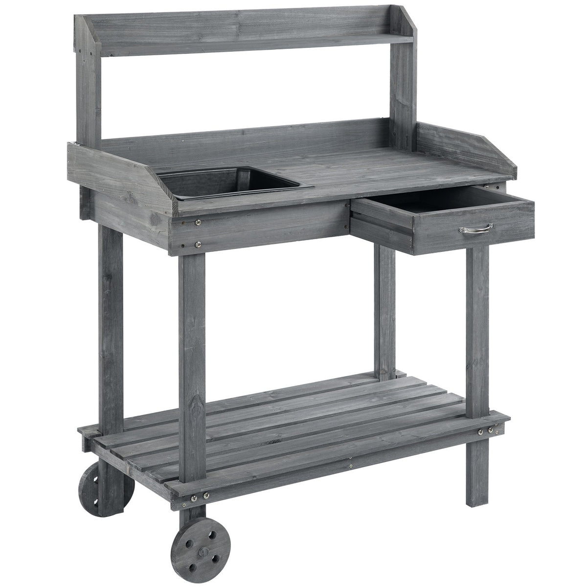 Plant Table Garden Table With Drawer, 2 Steps, Sink & Wheels, Fir Wood, Gray, 92X45X119Cm
