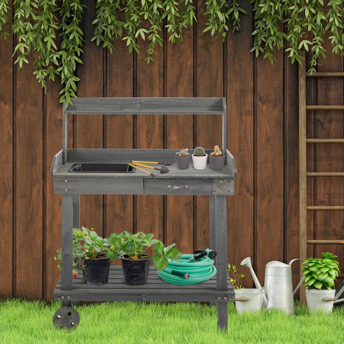 Plant Table Garden Table With Drawer, 2 Steps, Sink & Wheels, Fir Wood, Gray, 92X45X119Cm