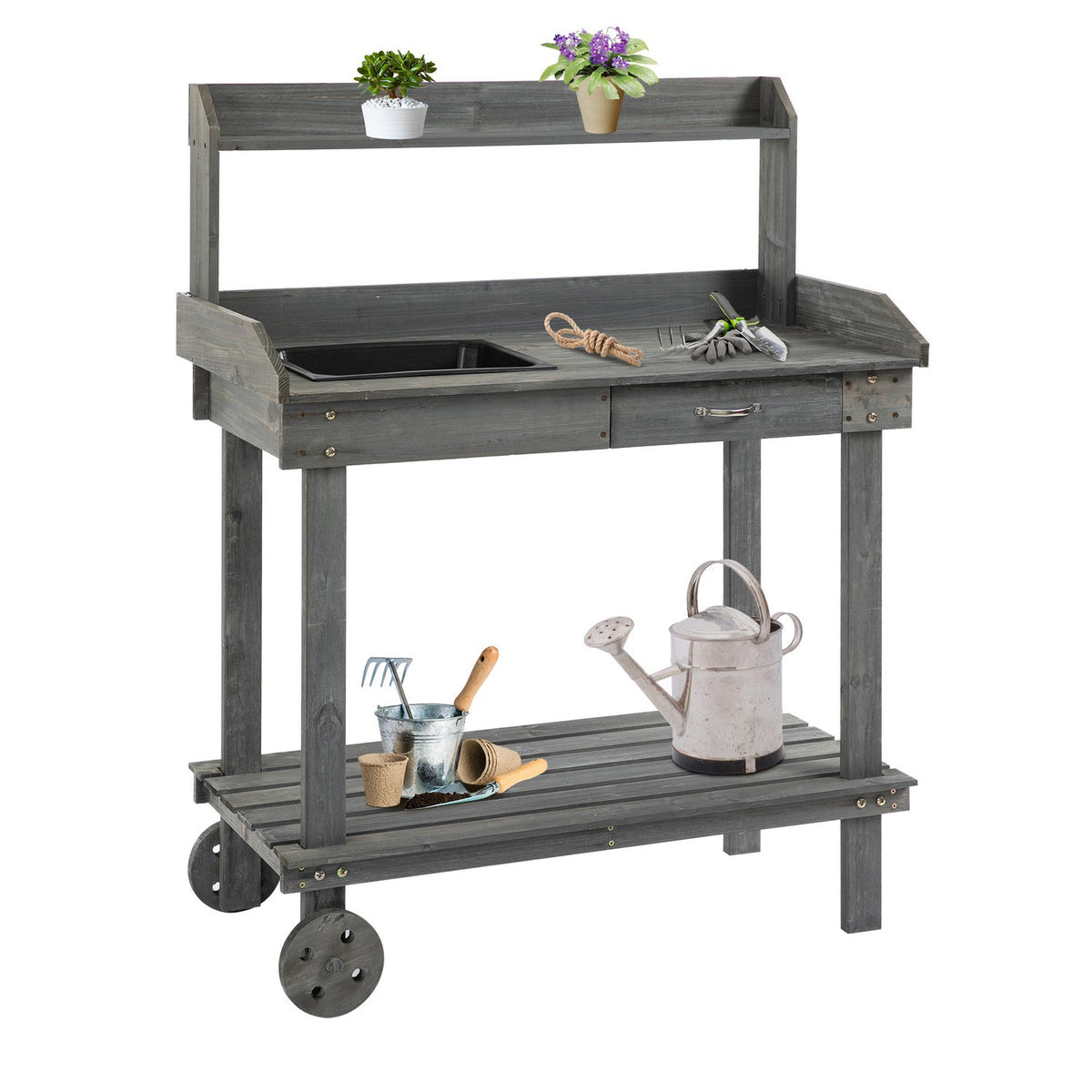 Plant Table Garden Table With Drawer, 2 Steps, Sink & Wheels, Fir Wood, Gray, 92X45X119Cm