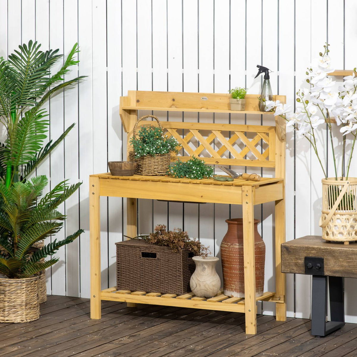 Plant Table Garden Table With Extendable Table Top & Stainless Steel Sink, 2 Storage Compartments, Solid Wood, Brown, 92X45X120Cm