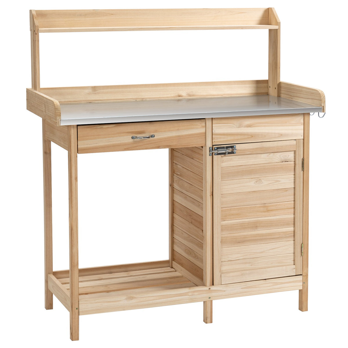 Plant Table Garden Table With Galvanized Worktop, Drawer & Cabinet, 112X45X125Cm, Natural