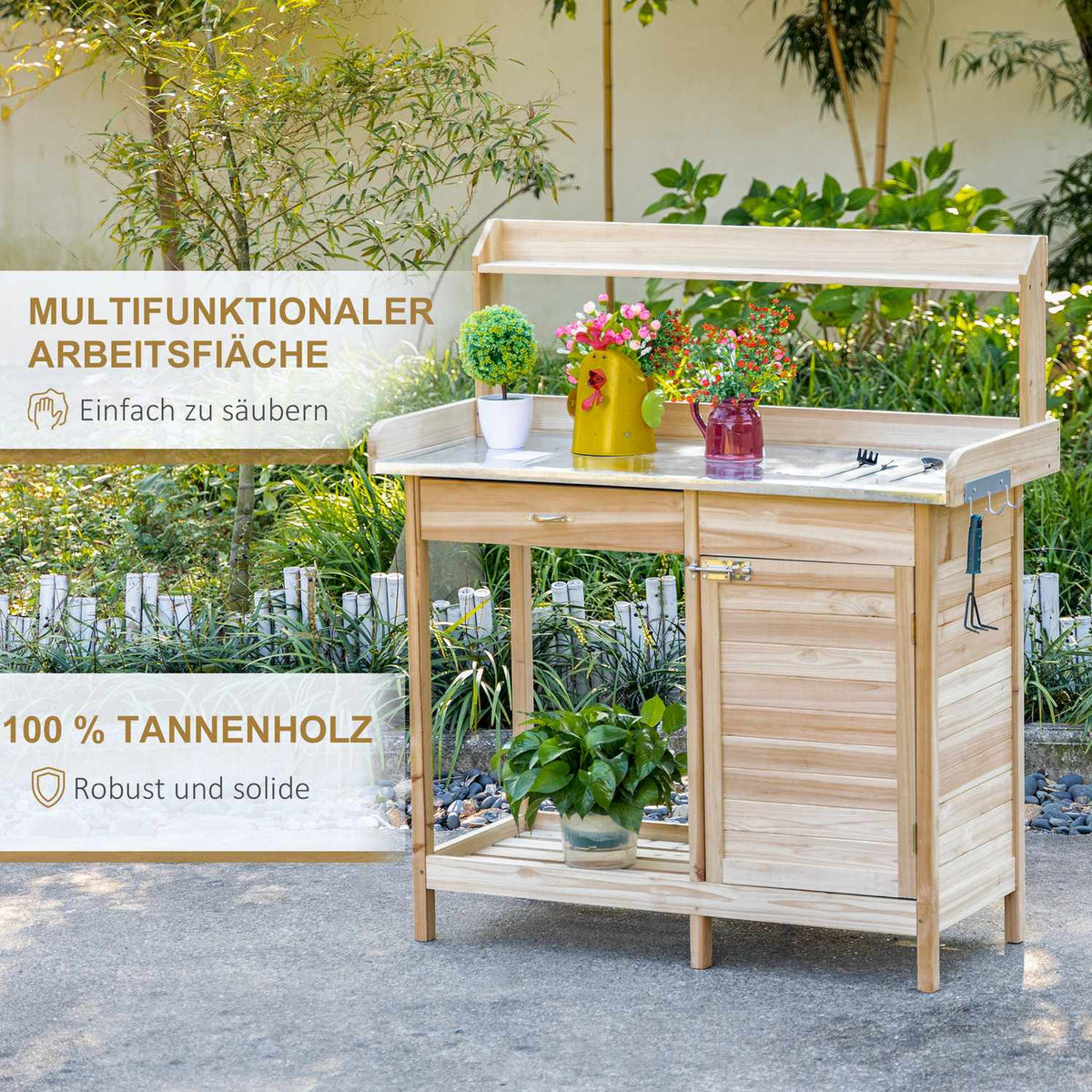 Plant Table Garden Table With Galvanized Worktop, Drawer & Cabinet, 112X45X125Cm, Natural