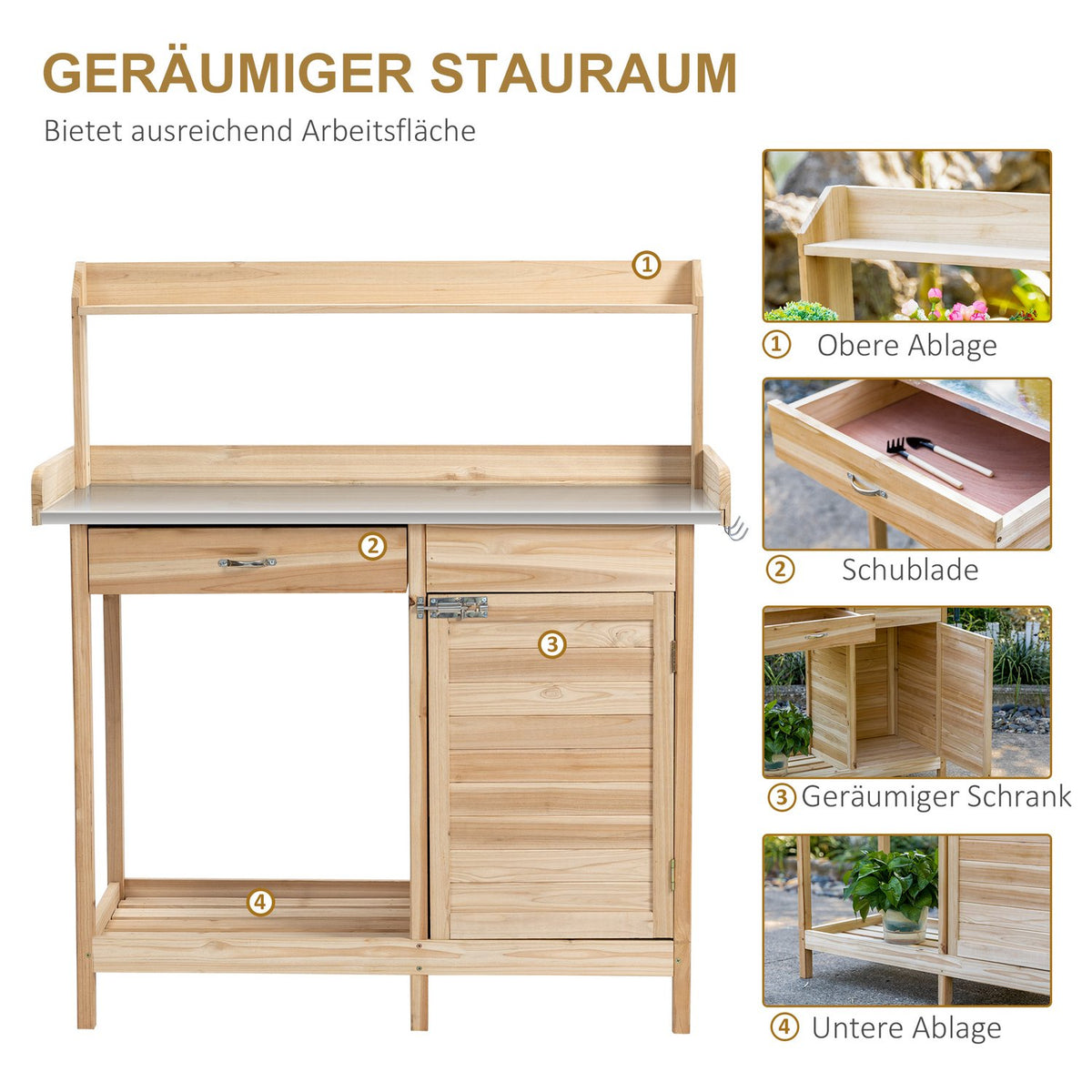 Plant Table Garden Table With Galvanized Worktop, Drawer & Cabinet, 112X45X125Cm, Natural