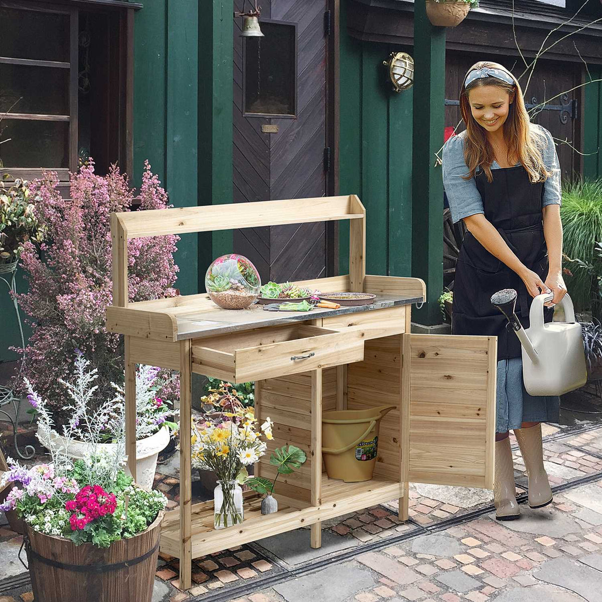 Plant Table Garden Table With Galvanized Worktop, Drawer & Cabinet, 112X45X125Cm, Natural
