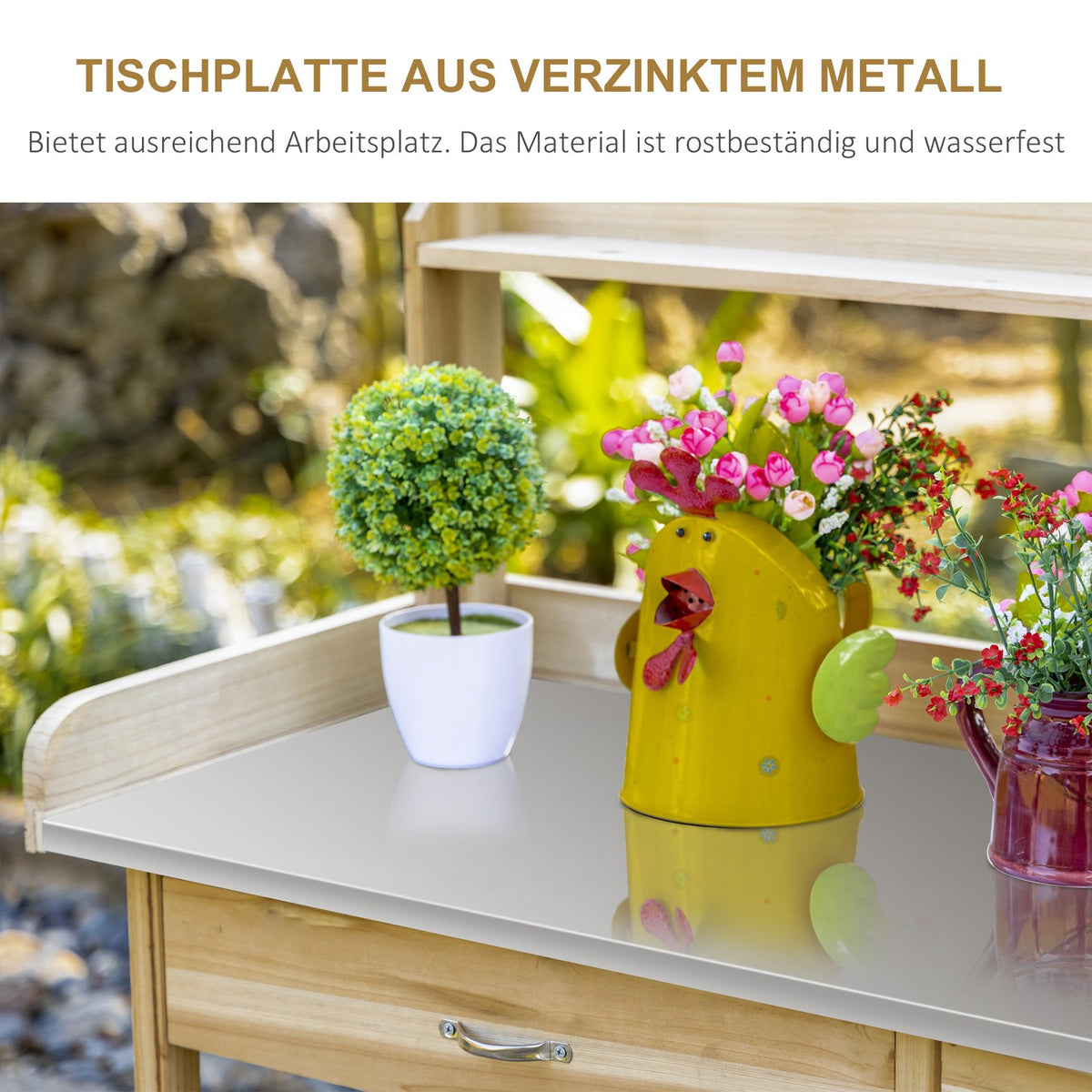 Plant Table Garden Table With Galvanized Worktop, Drawer & Cabinet, 112X45X125Cm, Natural