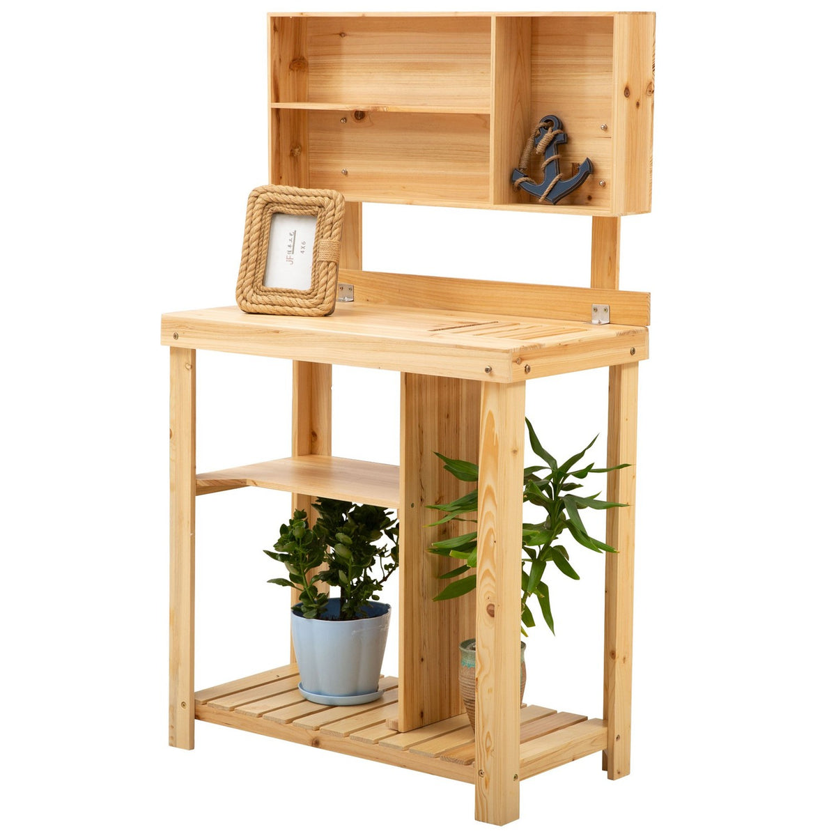 Plant Table Garden Work Table With Shelf For Garden/Balcony/Patio, Fir Wood, Flower Shelf,
