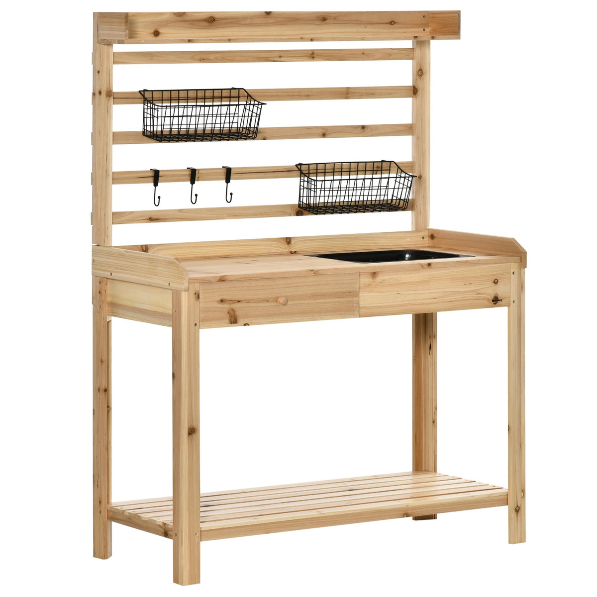 Plant Table, Gardener'S Table With Sink, Flower Table Made Of Wood With Drawer, Hook, Basket, Shelf, Garden, Terrace, Natural, 107.5 X 46 X 142 Cm