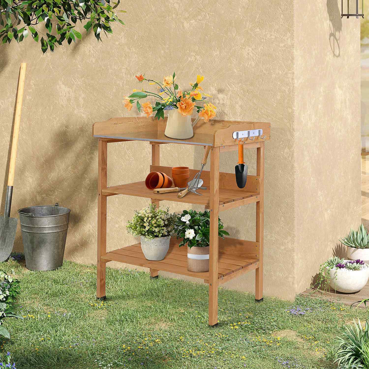 Plant Table Gardening Table Made Of Wood And Metal, Robust And Durable, For Gardening