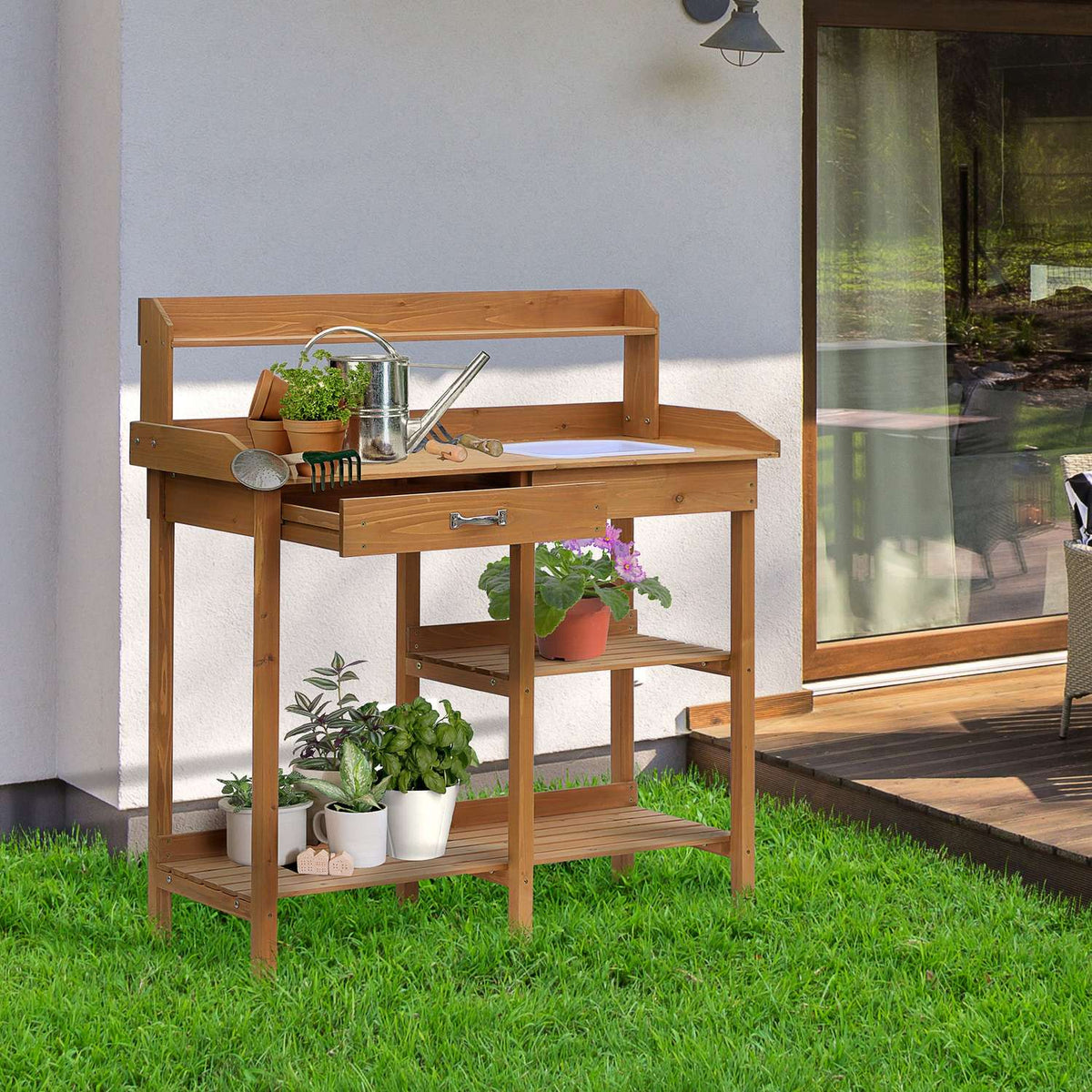 Plant Table Gardening Table With Tub Made Of Fir Wood, H112Cm, For Gardening & Plant Care