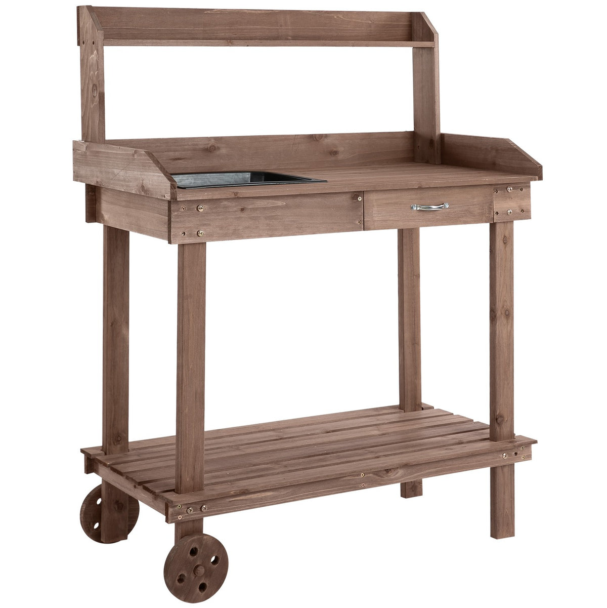 Plant Table With Drawer 2 Steps Gardening Table With Sink And Wheels Garden Fir Wood Brown 92 X 45 X 119 Cm