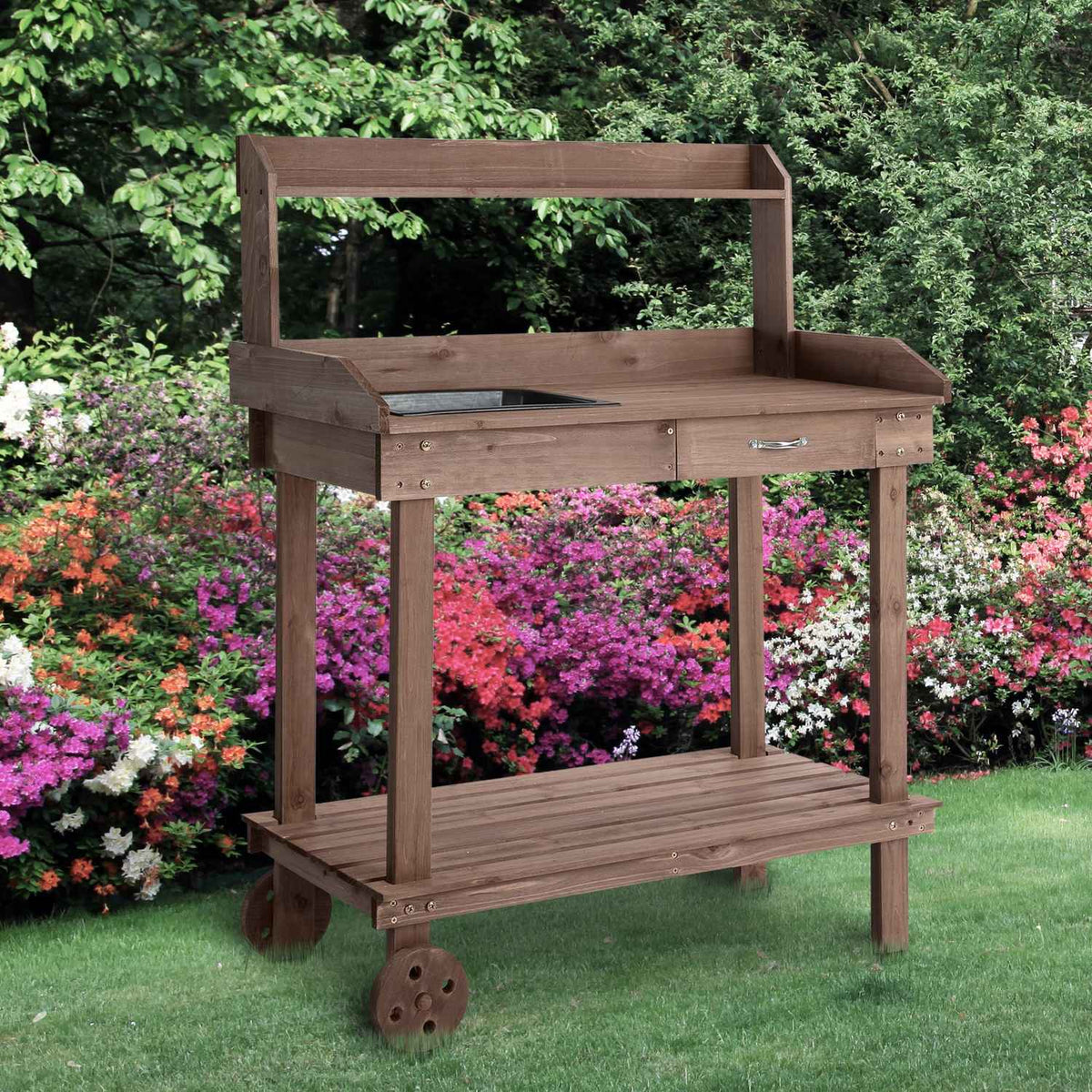 Plant Table With Drawer 2 Steps Gardening Table With Sink And Wheels Garden Fir Wood Brown 92 X 45 X 119 Cm