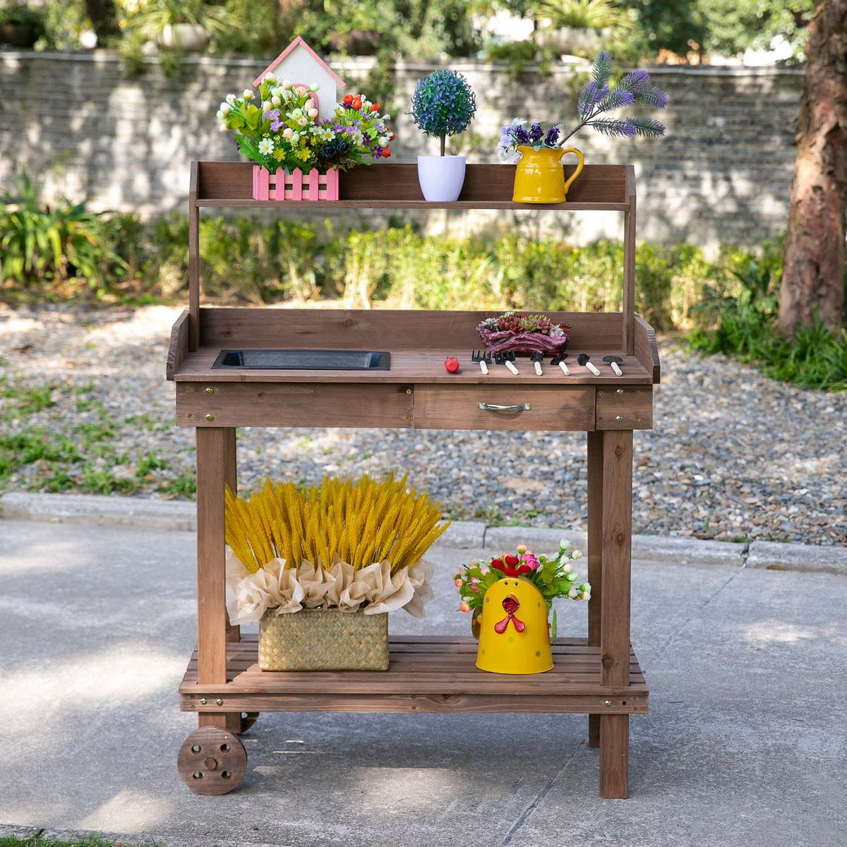 Plant Table With Drawer 2 Steps Gardening Table With Sink And Wheels Garden Fir Wood Brown 92 X 45 X 119 Cm