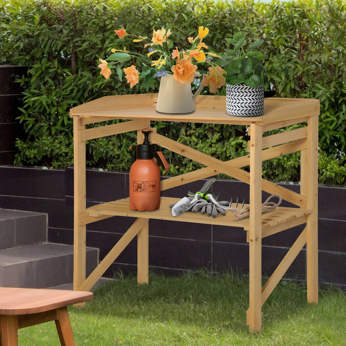 Plant Table With Storage Space, Flower Table, Gardening Table, Wood, Light Brown, 80X40X84Cm