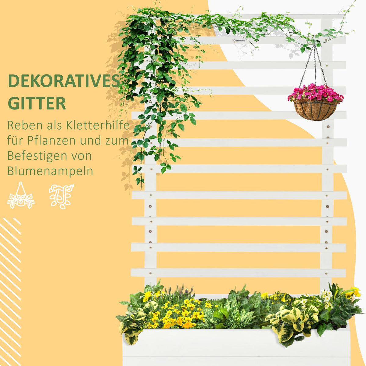 Plant box with trellis, flower box with wheels, raised bed for climbing plants, natural wood, white, 76 x 30 x 155 cm for garden