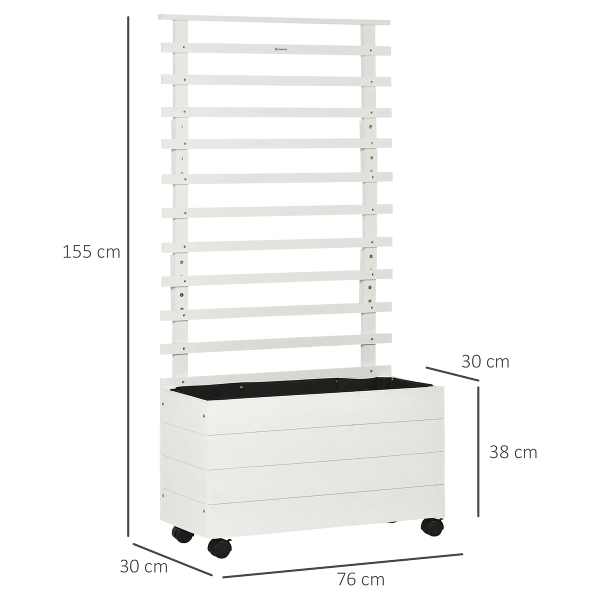 Plant box with trellis, flower box with wheels, raised bed for climbing plants, natural wood, white, 76 x 30 x 155 cm for garden