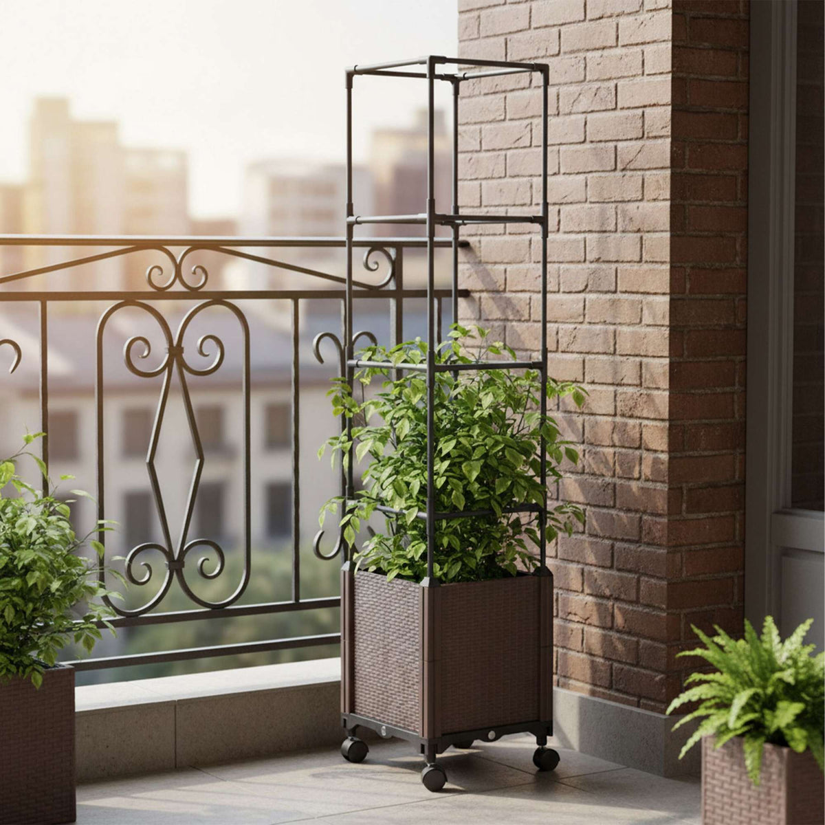 Planter Box with Trellis and Wheels – Rattan Style