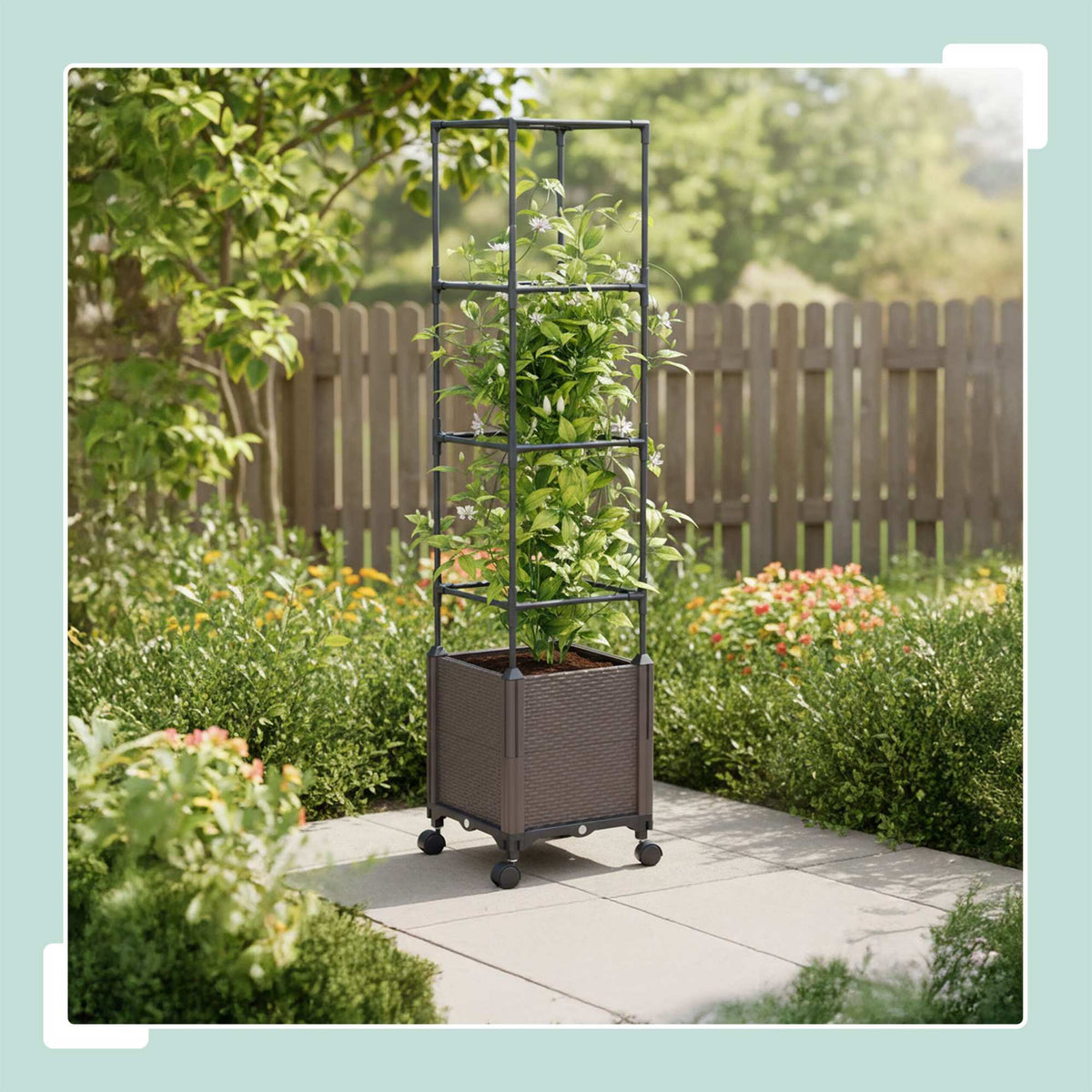 Planter Box with Trellis and Wheels – Rattan Style