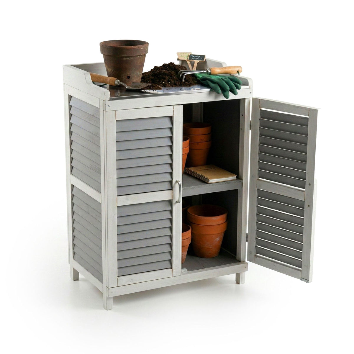 Planting Table with Metal Top and Storage Cabinet