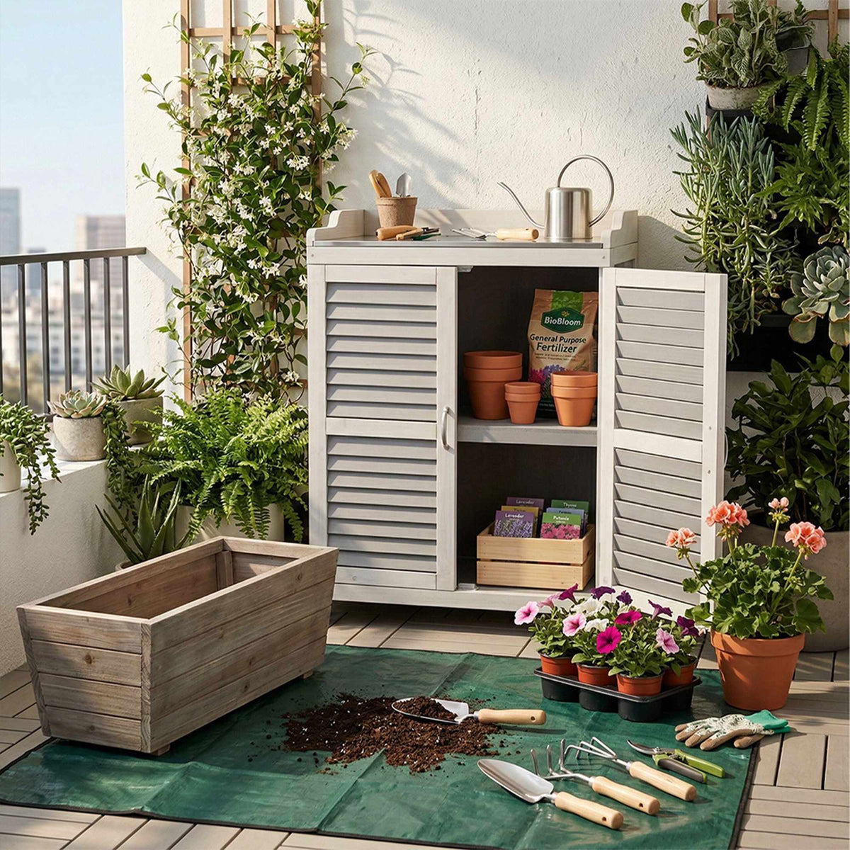 Planting Table with Metal Top and Storage Cabinet