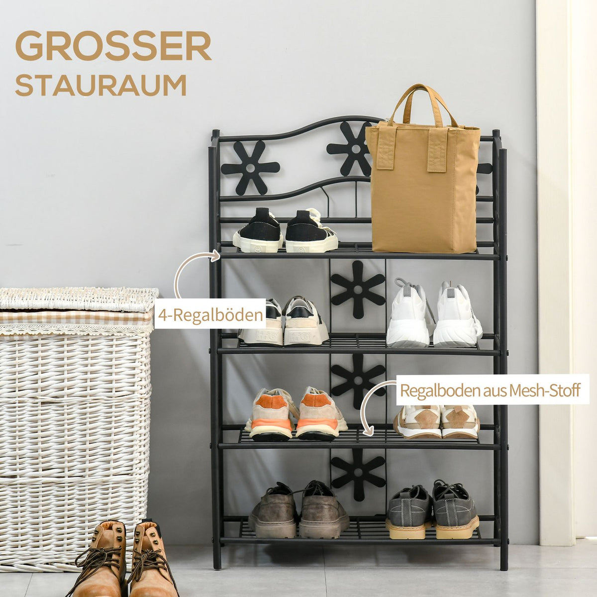 Plant shelf, flower shelf, plant stairs, 4 levels, metal, black, 59.5x30x92cm