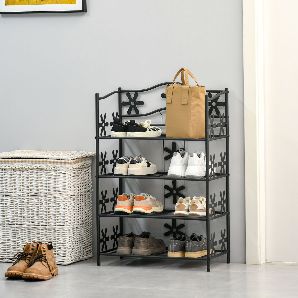 Plant shelf, flower shelf, plant stairs, 4 levels, metal, black, 59.5x30x92cm
