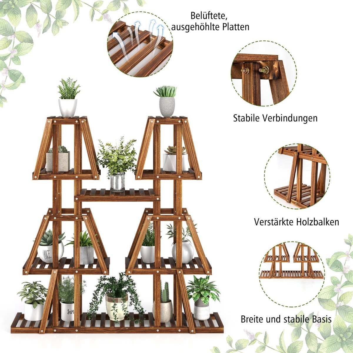 Plant shelf wooden plant stairs trapezoid flower shelf flower bench plant stand 113 x 27 x 114 cm brown
