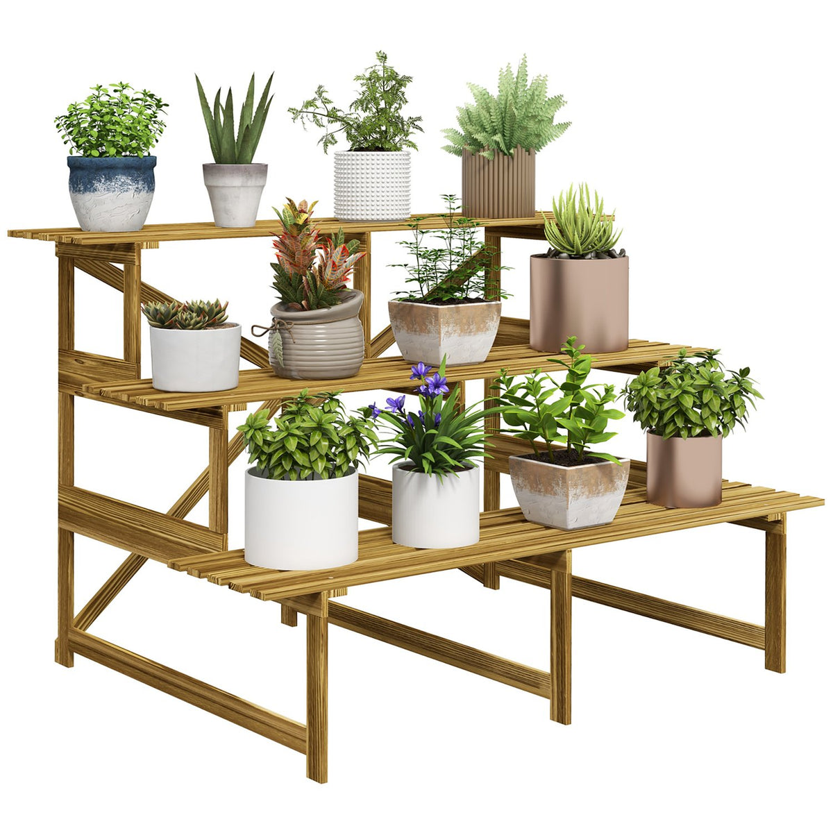 Plant stairs flower shelf 3 steps fir wood 120x80x78cm for garden balcony & terrace