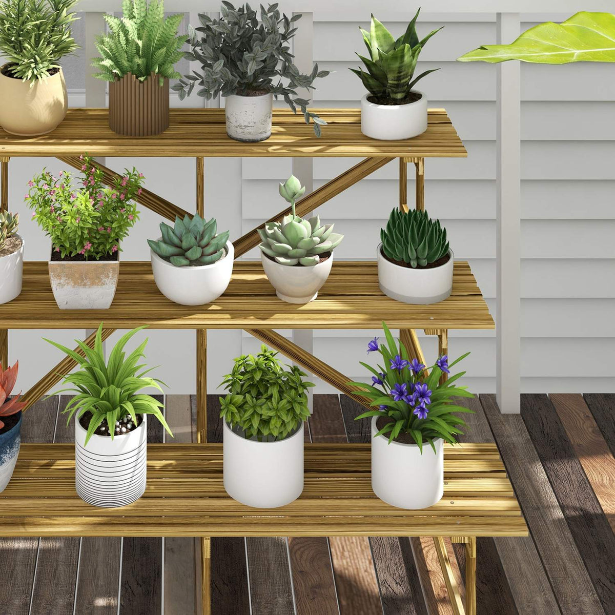 Plant stairs flower shelf 3 steps fir wood 120x80x78cm for garden balcony & terrace