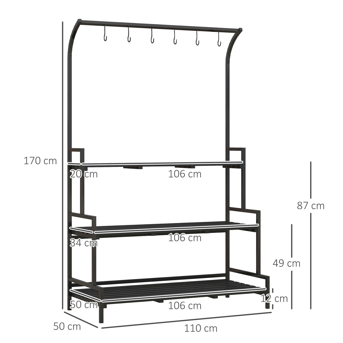 Plant stand flower stand with 3 levels and 6 hooks, plant stairs made of steel in black, 110x50x170cm for garden and balcony