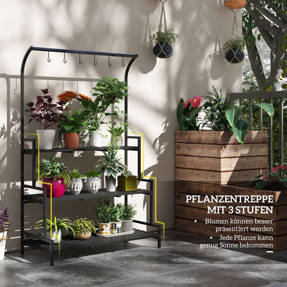 Plant stand flower stand with 3 levels and 6 hooks, plant stairs made of steel in black, 110x50x170cm for garden and balcony