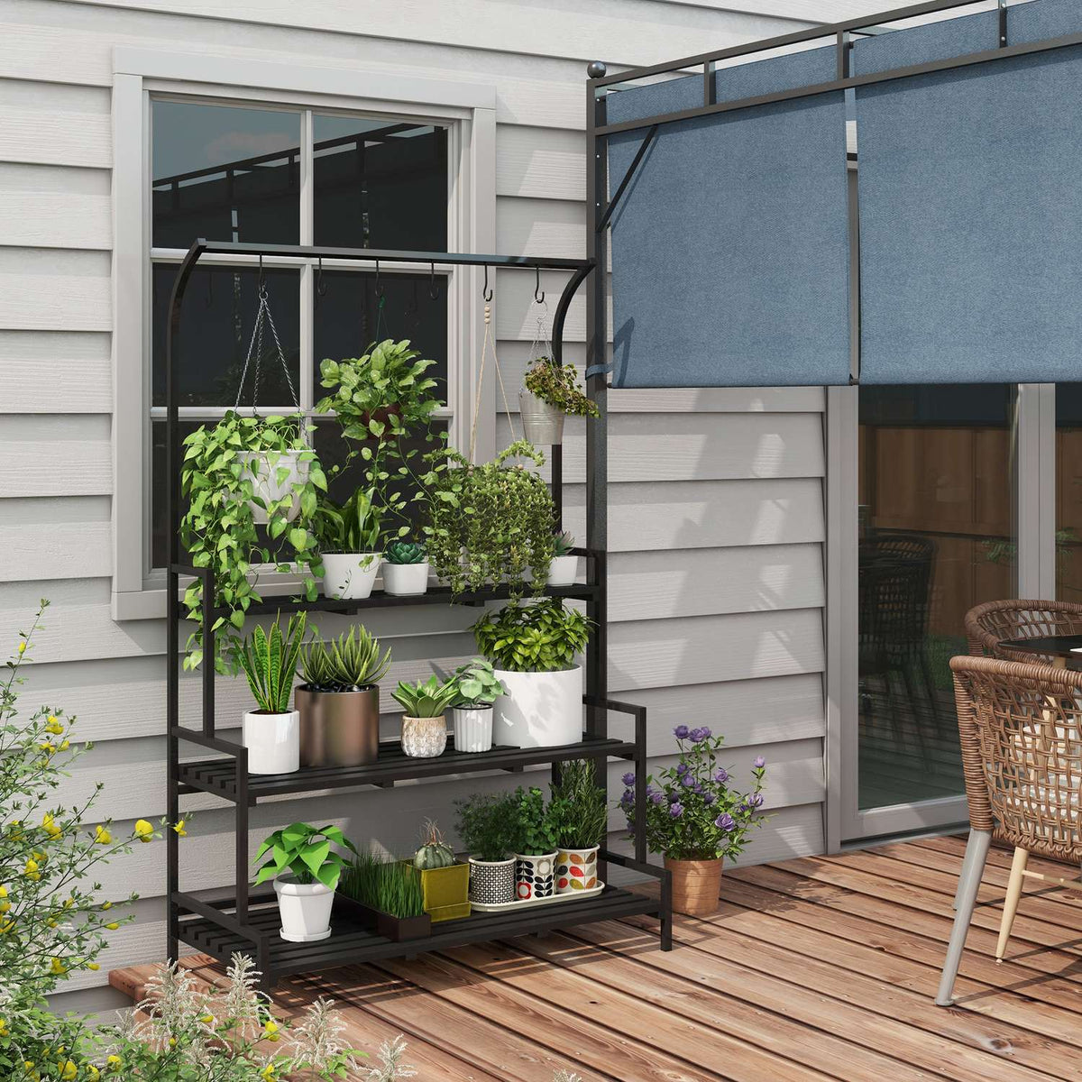 Plant stand flower stand with 3 levels and 6 hooks, plant stairs made of steel in black, 110x50x170cm for garden and balcony